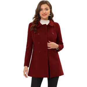 Women's Dark Red Peter Pan Collar Double Breasted Winter Long Trench Pea Coat